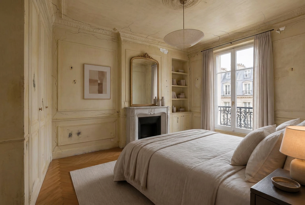 Chambre parisienne aux murs fatigués