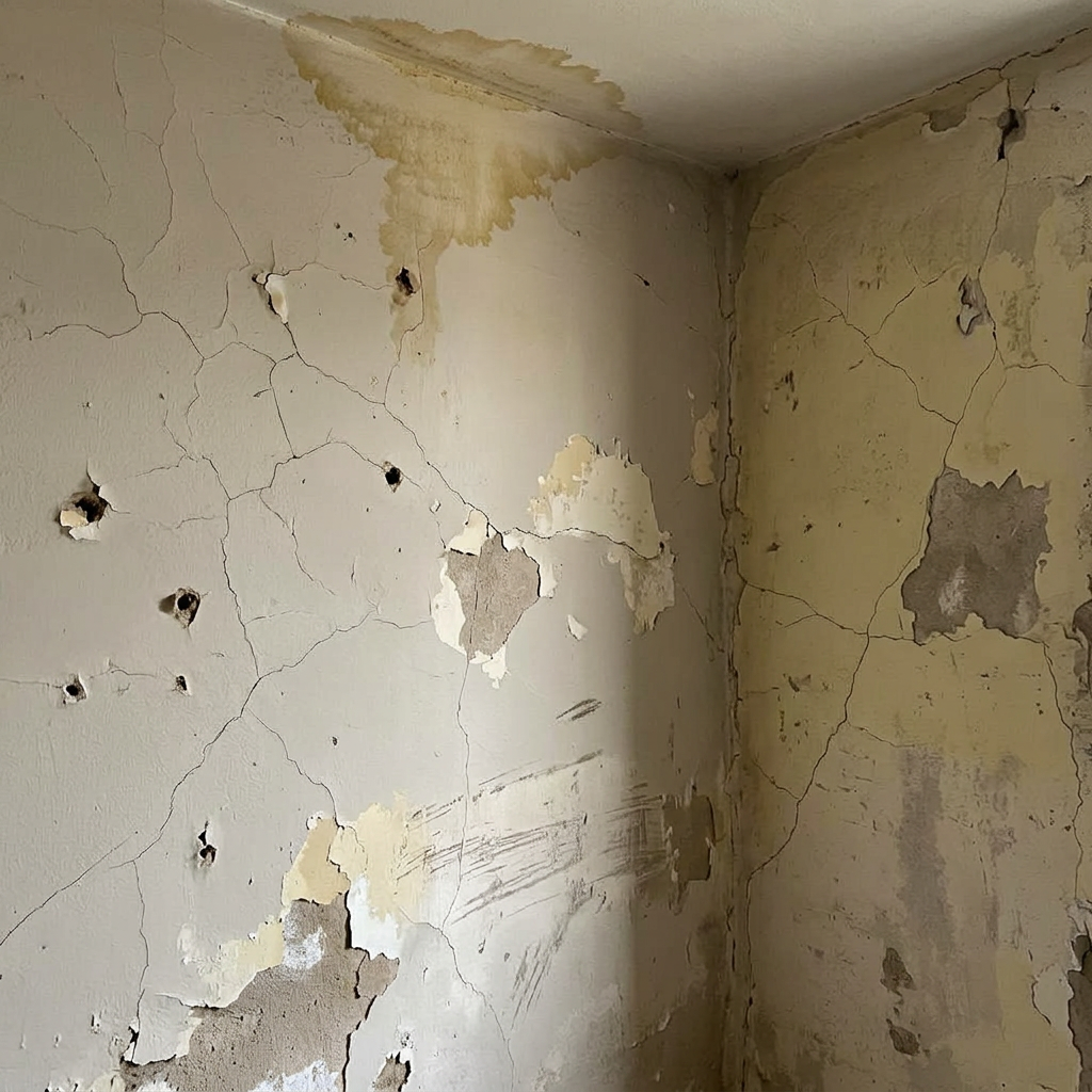 Mur fissuré, écaillé et marqué