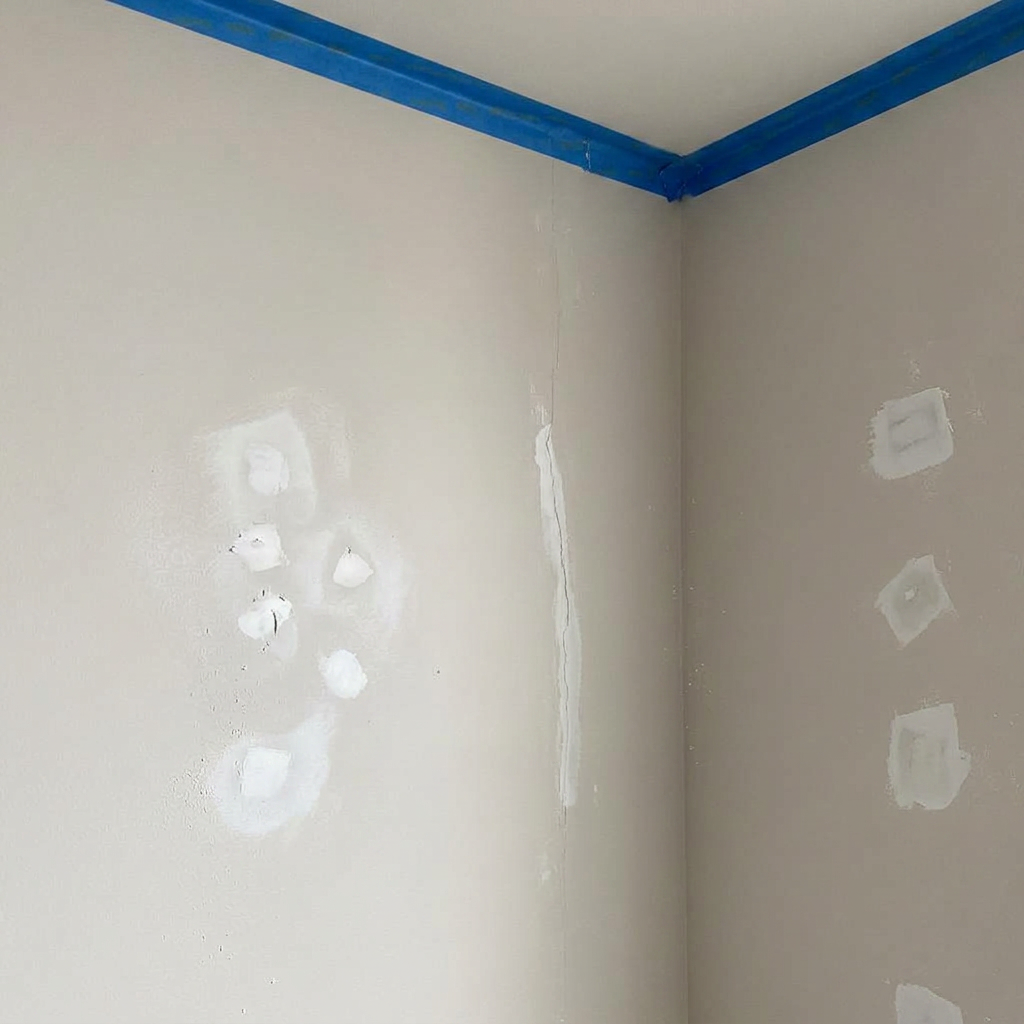 Mur rebouché, enduit, poncé et protégé